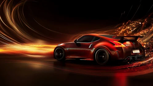 Red sports car cuts through fiery motion trails at speed