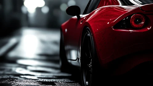 Red sports coupe parked on wet night city street.