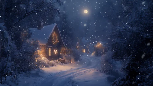 Moonlit snowy cabin lane with warm festive window lights.