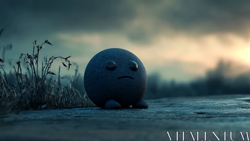 Lonely stone emoji rests on a misty roadside at dusk.