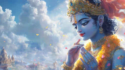 Skyward blue deity in garlands amid drifting temple dreams.