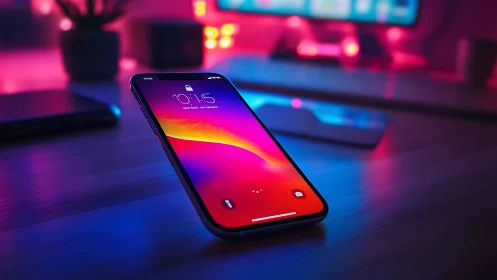 Premium smartphone displaying vibrant neon gradient wallpaper in contemporary tech environment.