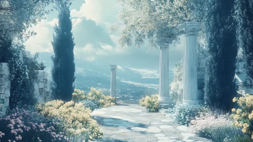Classical stone garden path with pillars and distant mountains.