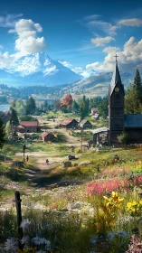 Mountain village and church steeple overlook wildflower valley.