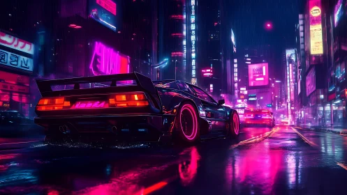 Neon sports car racing through futuristic city streets.