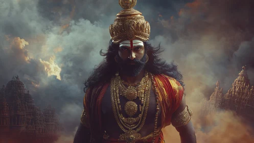 Storm crowned warrior strides through mythic temple haze.