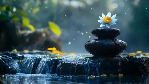 Stacked black stones with water lily by small waterfall.