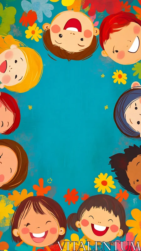 Happy Children's Faces Arranged in Circle with Flowers