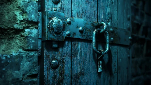 Rusted chain and padlock secure weathered wooden door