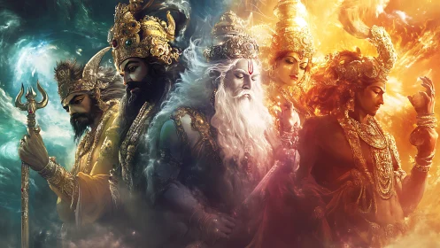 Hindu deities in radiant cosmic lineup with elemental light.