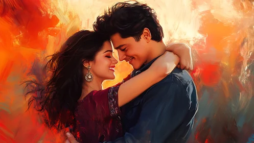 Romantic Couple Embrace With Warm Orange Gradient Atmospheric Lighting Effects