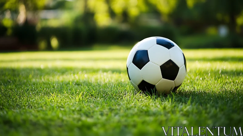 Classic soccer ball rests on sunlit green field in summer