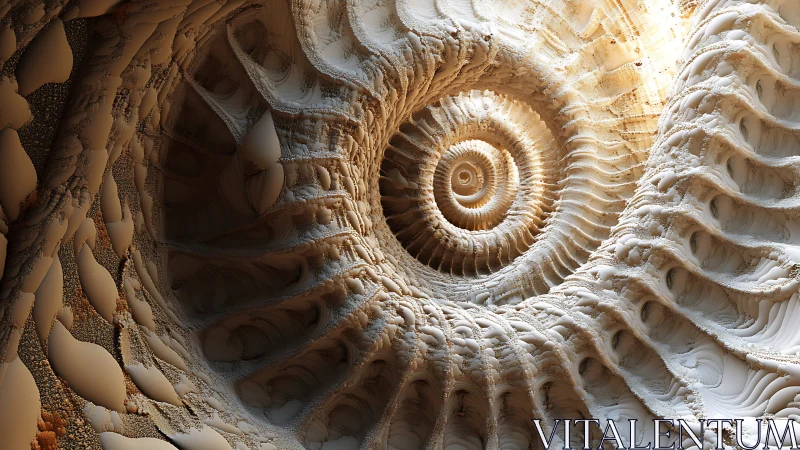 Spiral fractal tunnel with layered organic shell forms.