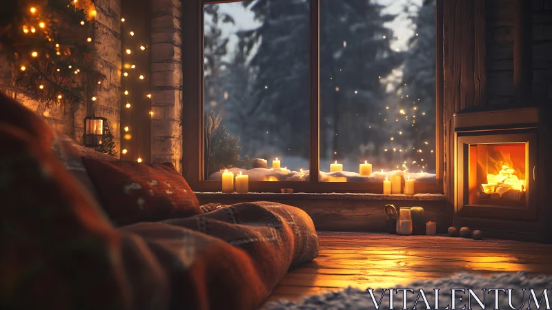 Interior winter cabin scene with candles and fireplace.