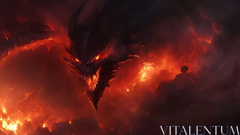 Volumetric-lit dragon head emerges from turbulent infernal clouds