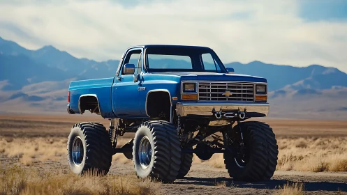 Lifted blue Chevy monster truck dominates desert landscape.
