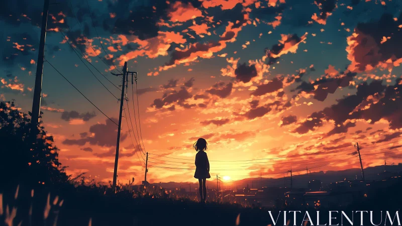 Silhouetted youth under electric lines at vivid sunset sky.