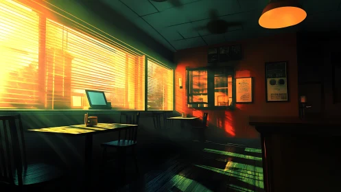 Low-angle sunlight casts volumetric rays across empty café interior