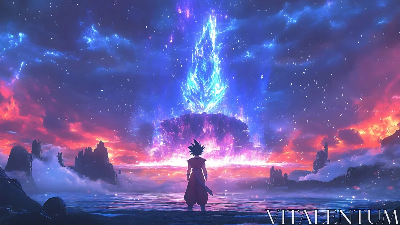 Warrior faces cosmic energy pillar over glowing sea.