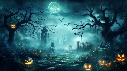 Moonlit haunted forest path shows pumpkins and graveyard