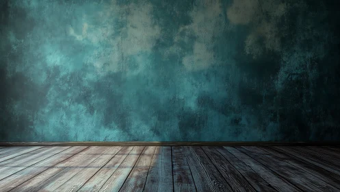 Teal textured wall with rustic wooden floor in empty room.