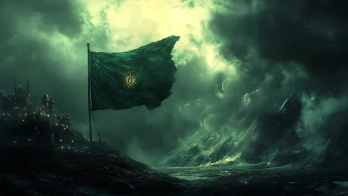 Storm-lit emerald war banner dominates a misty fortified valley