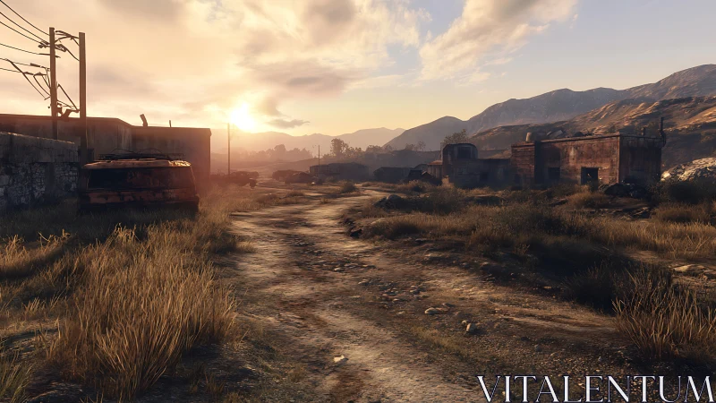 Sunlit dirt road through abandoned desert outpost ruins.