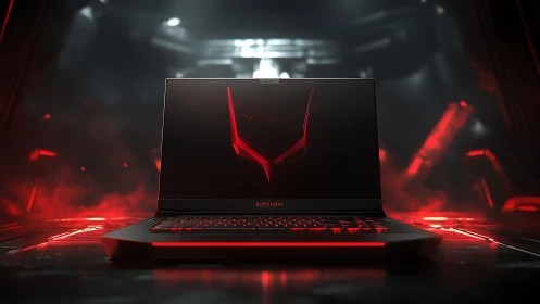 Gaming laptop glows with aggressive red cyber lighting.