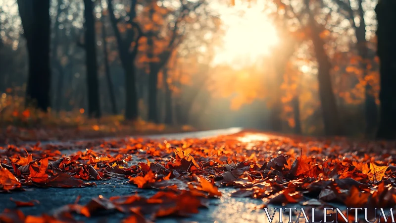 Sun-drenched autumn road where fallen leaves quietly glow.