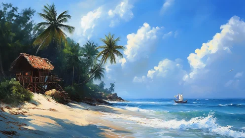 Tropical Beach Cottage with Sailing Vessel at Seashore