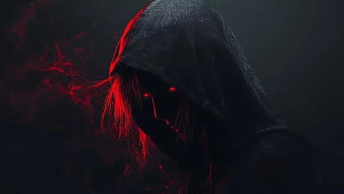 Mysterious hooded figure glowing with bold red energy.