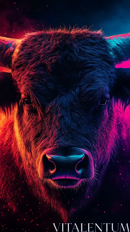 Neon-lit bull portrait glows with intense futuristic energy.