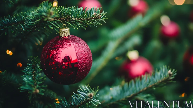 Red glass ornament on evergreen tree branch in close focus.