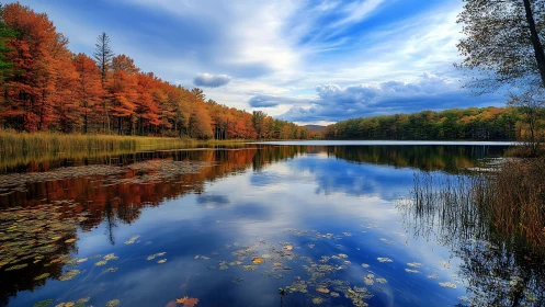 Autumn forest leans over a mirror lake and whispers to clouds