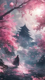 Blade-walker under cherry skies approaches misted pagoda.