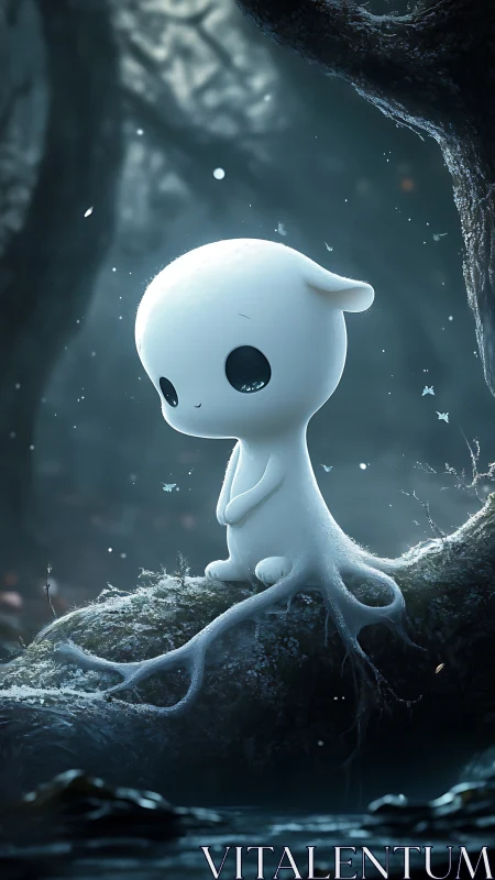 Small forest spirit with roots sitting on mossy log.