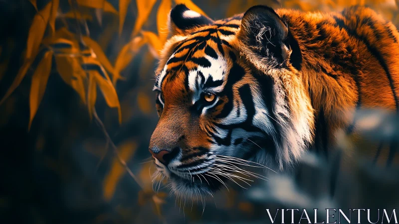 Amber dusk hunter, tiger slipping through shadowed leaves.