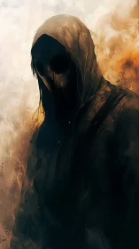 Hooded wraith silhouette emerging from burning mist.
