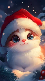 Cute Christmas kitten in red Santa hat at night.