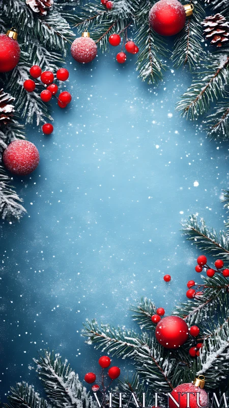 Red baubles on snowy fir branches over frosted blue backdrop.