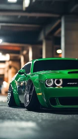Lowered green muscle car under cinematic garage bokeh light.