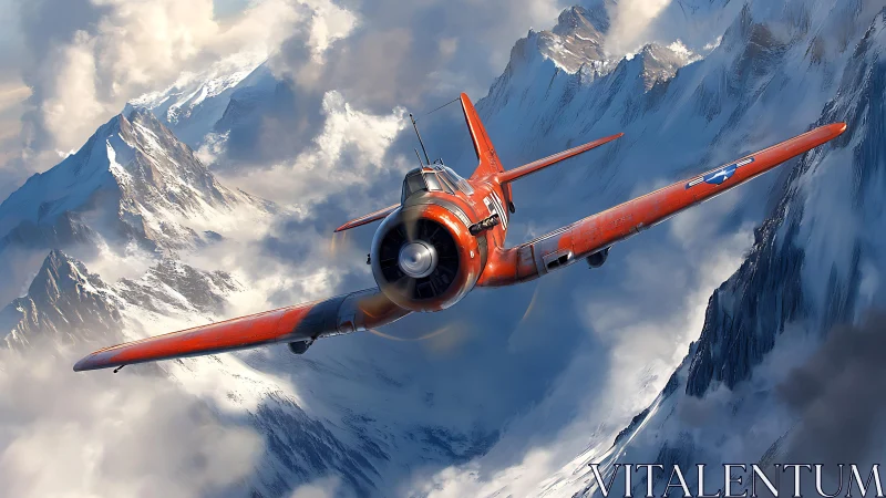 Crimson warbird soaring low between icy alpine peaks.