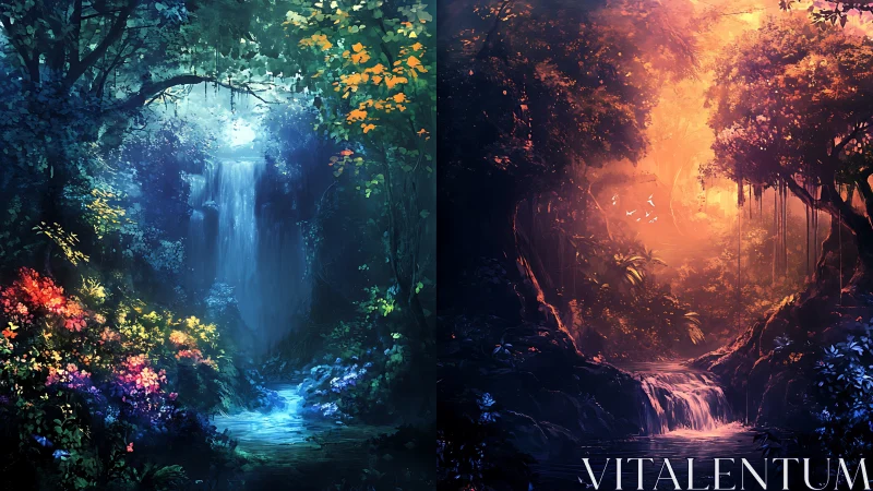 Contrasting forest waterfalls present dual color temperatures