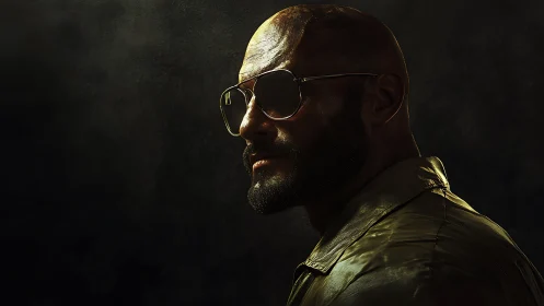 Bald man in sunglasses under dramatic side lighting.