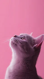 Feline Gaze: Cat Looking Upward Against Vivid Pink Backdrop