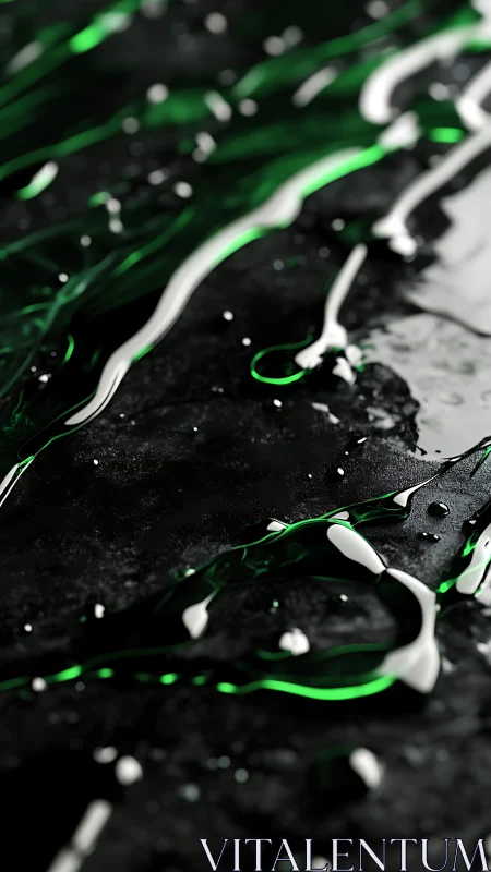 Green and white liquid streaks flow over dark wet surface