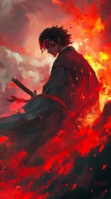 Fiery samurai stands calm in a storm of glowing embers.