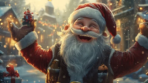 Joyful Santa celebrates a snowy, glowing Christmas street