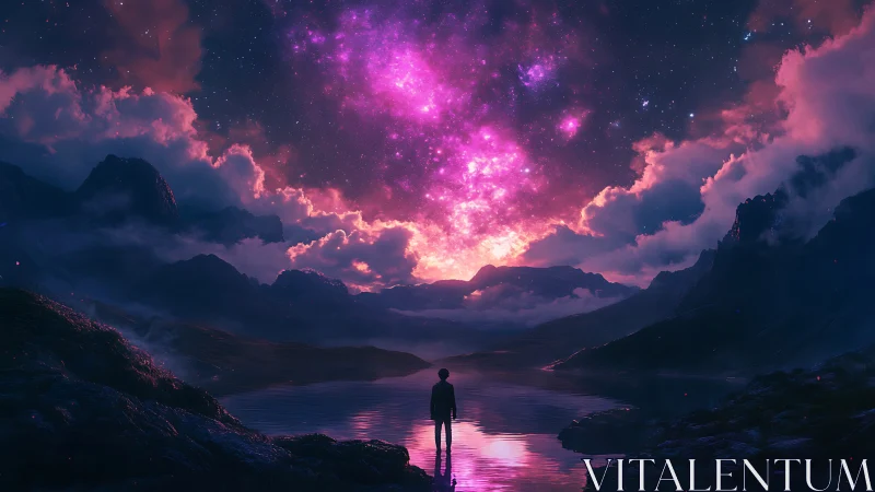 Solitary figure observing luminous nebula over mirrored lake