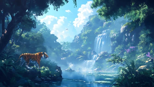 Tiger observes misty multi-tier waterfall in lush digital jungle